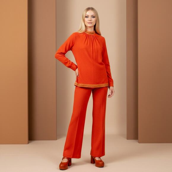 Vintage Tops - Vintage 2 Piece 60s 70s Retro Orange Tunic & Pants Set Medium